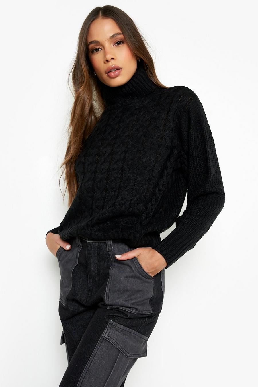 Black Lace Up Detail Turtleneck Sweater image number 1