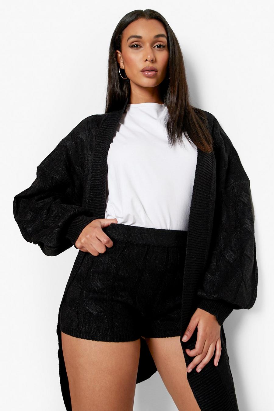 Black Slouchy Cable Knit Shorts Co-ord image number 1