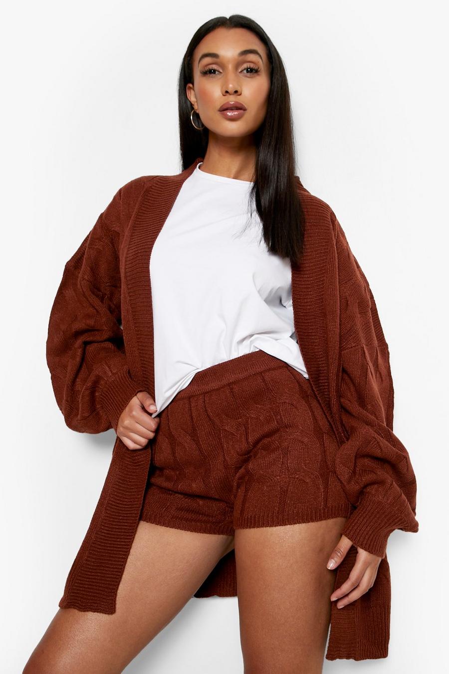 Mahogany Slouchy Cable Knit Shorts Co-ord image number 1
