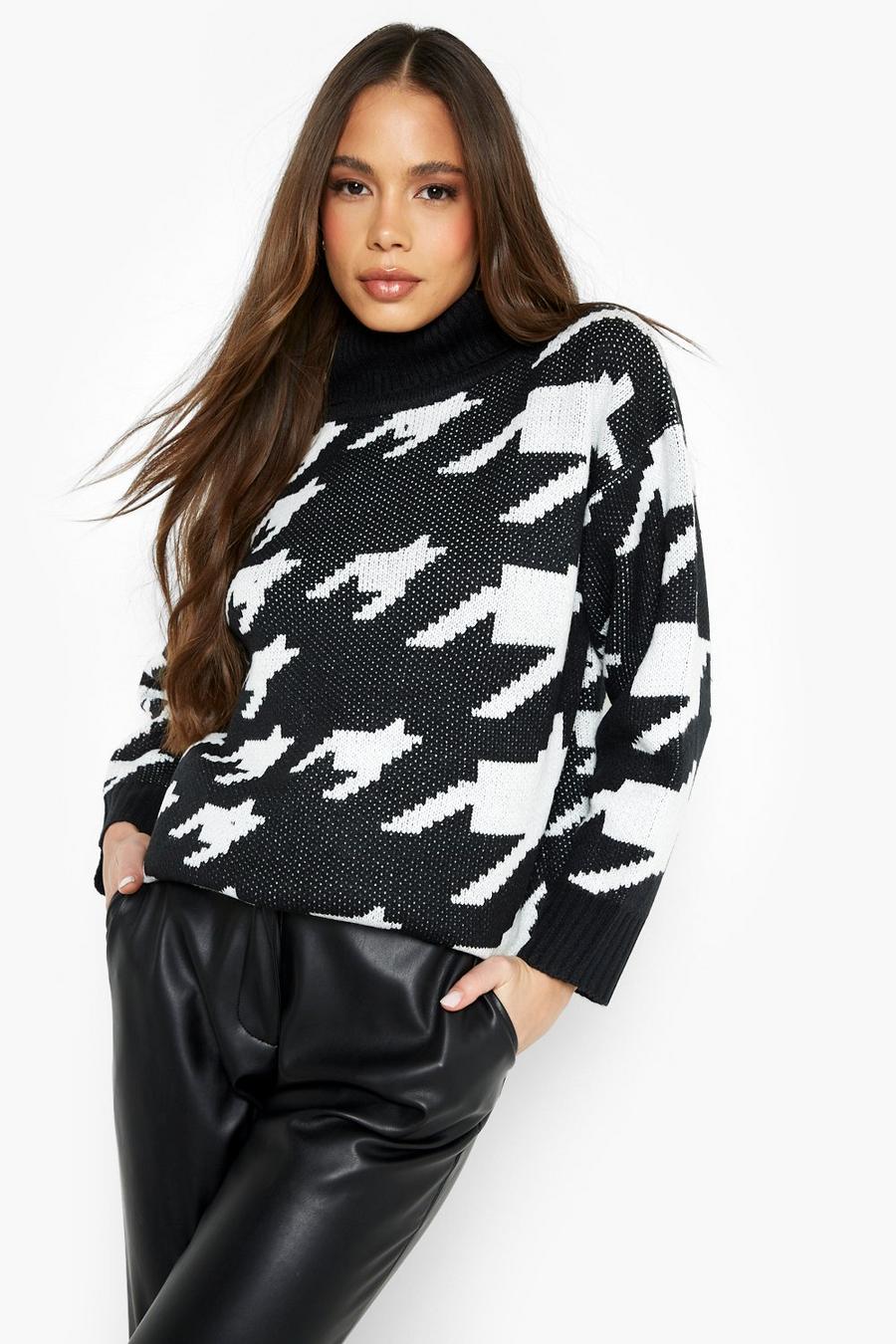 Black Oversized Dogtooth Turtleneck Sweater image number 1