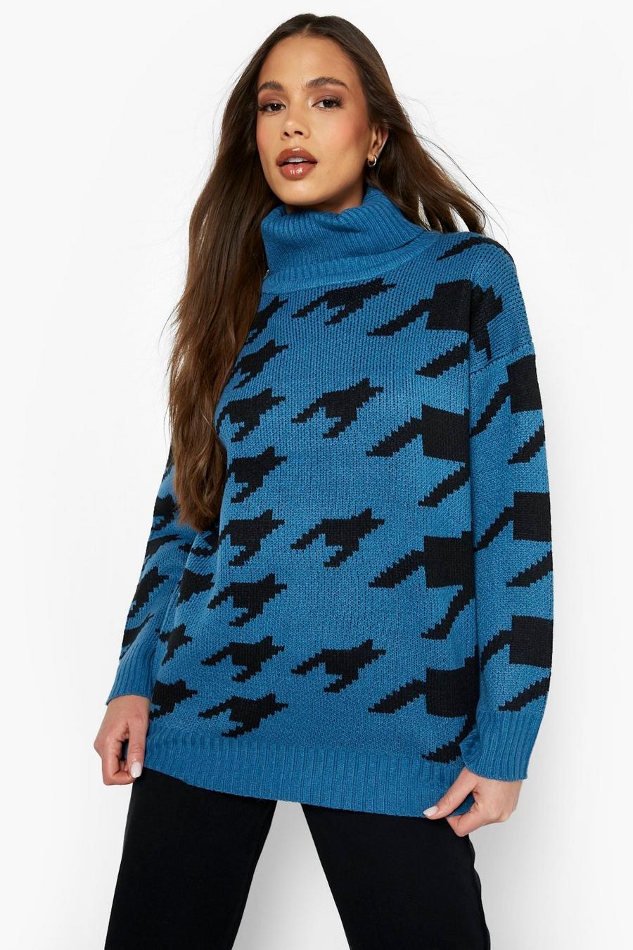 Teal green Oversized Dogtooth Turtleneck Sweater