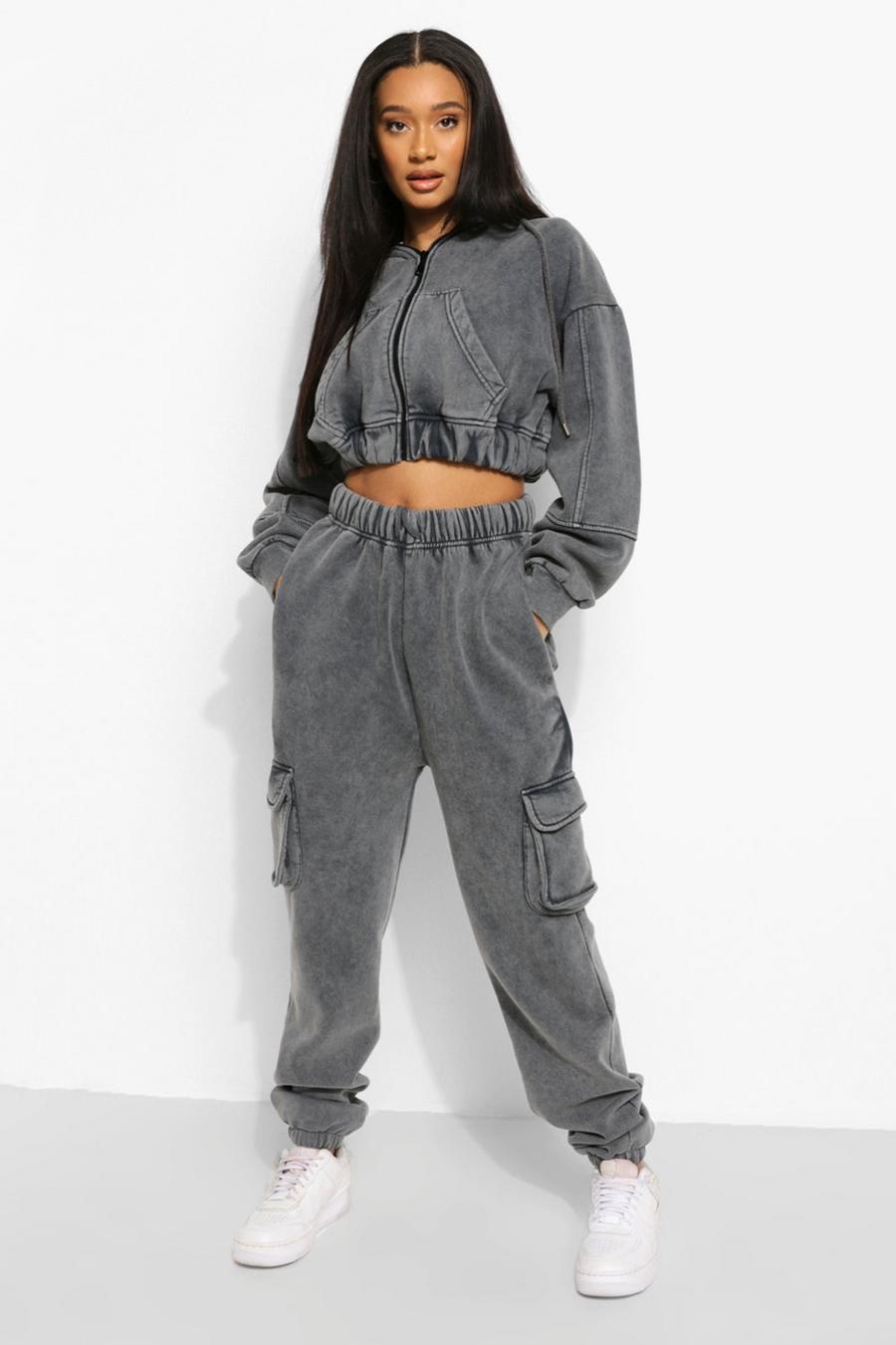 Charcoal grey Overdyed Seam Detail Cropped Tracksuit image number 1