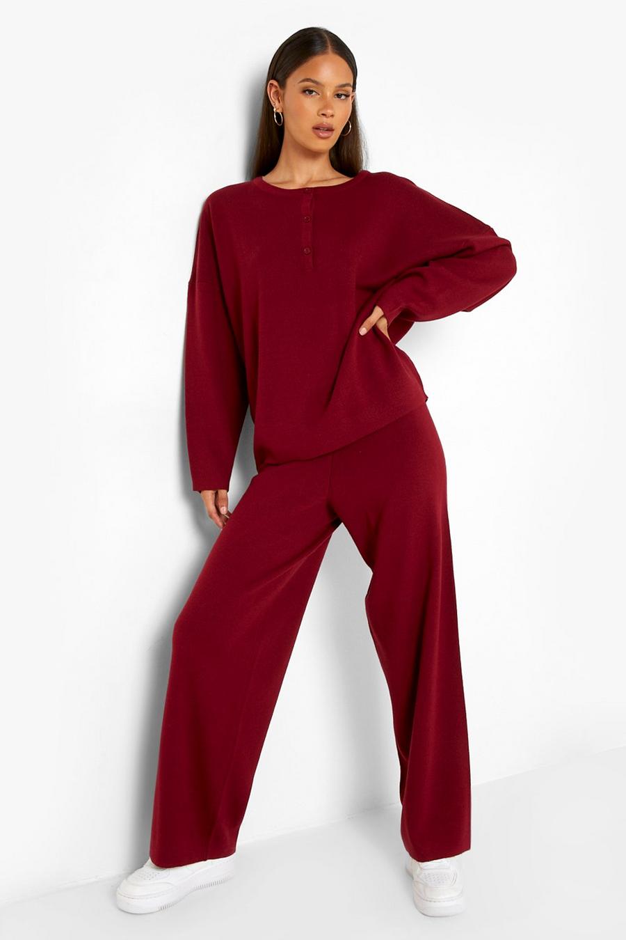 Dark red Button Up Knitted Wide Leg Co-ord image number 1