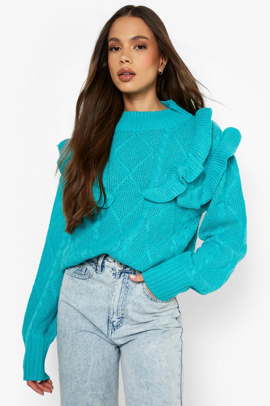 Jade green Ruffle Cable Knitted Sweater