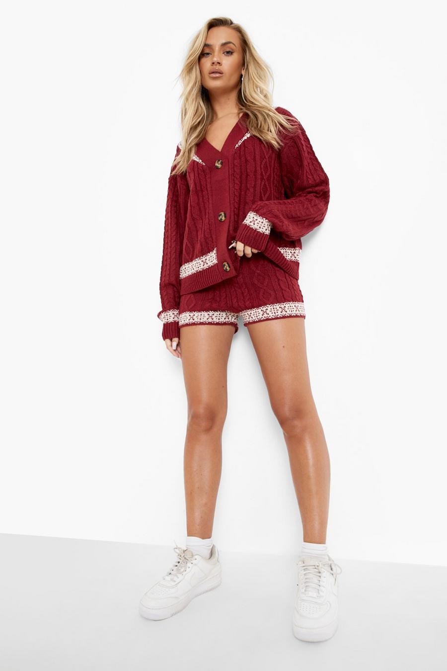 Berry Fairisle Cable Knit Shorts Co-ord image number 1
