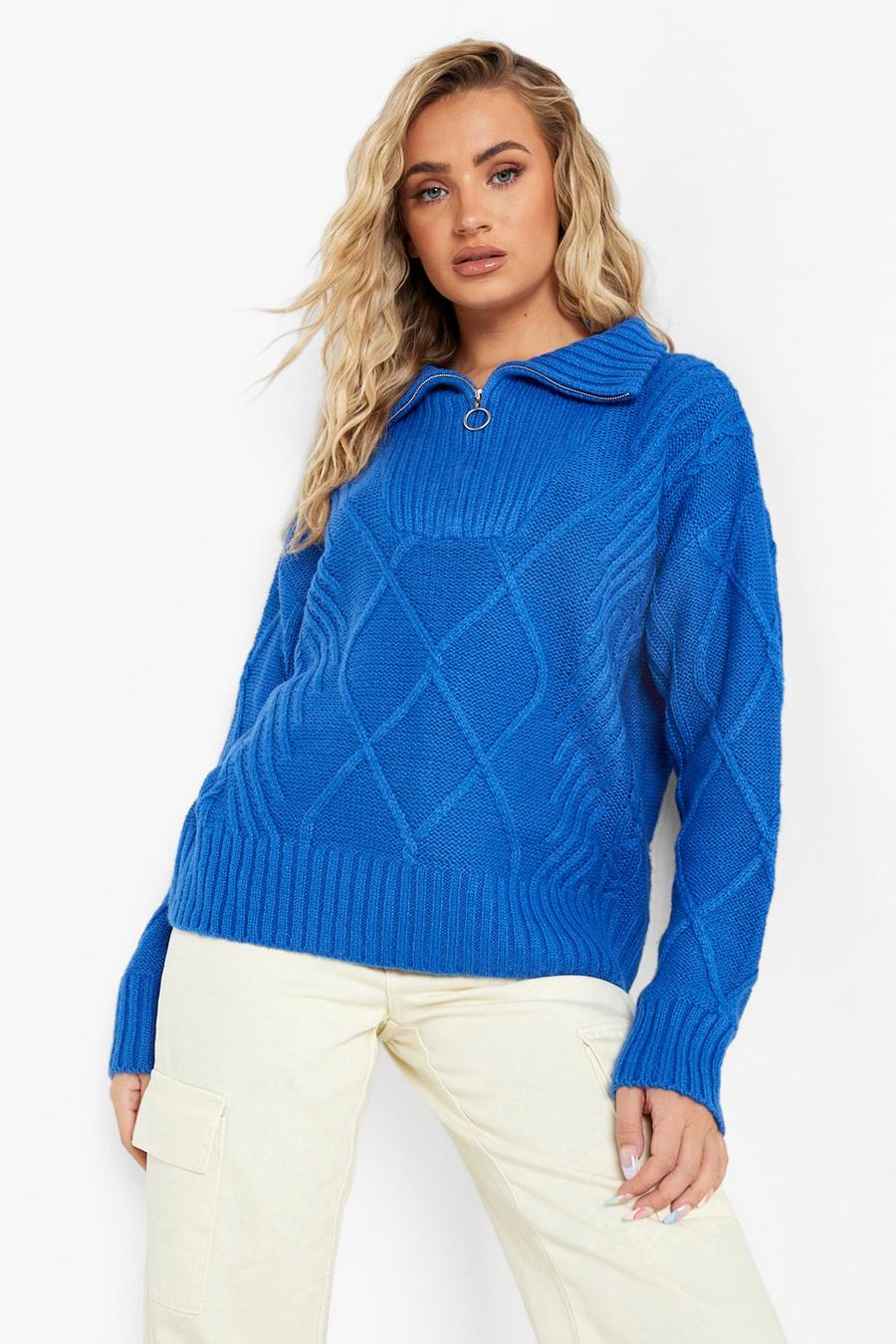 Cobalt blue Chunky Rib Collar Cable Knit Jumper