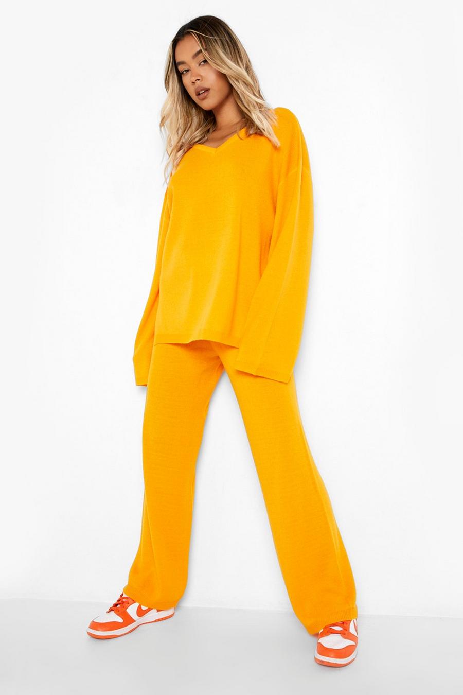 Amber orange V Neck Wide Leg Knitted Co-ord