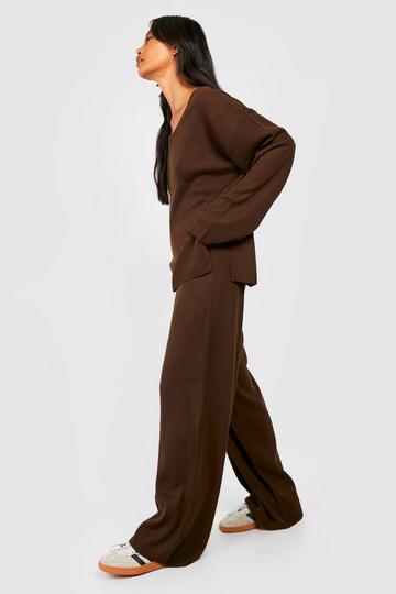 V Neck Wide Leg Knitted Two-Piece chocolate