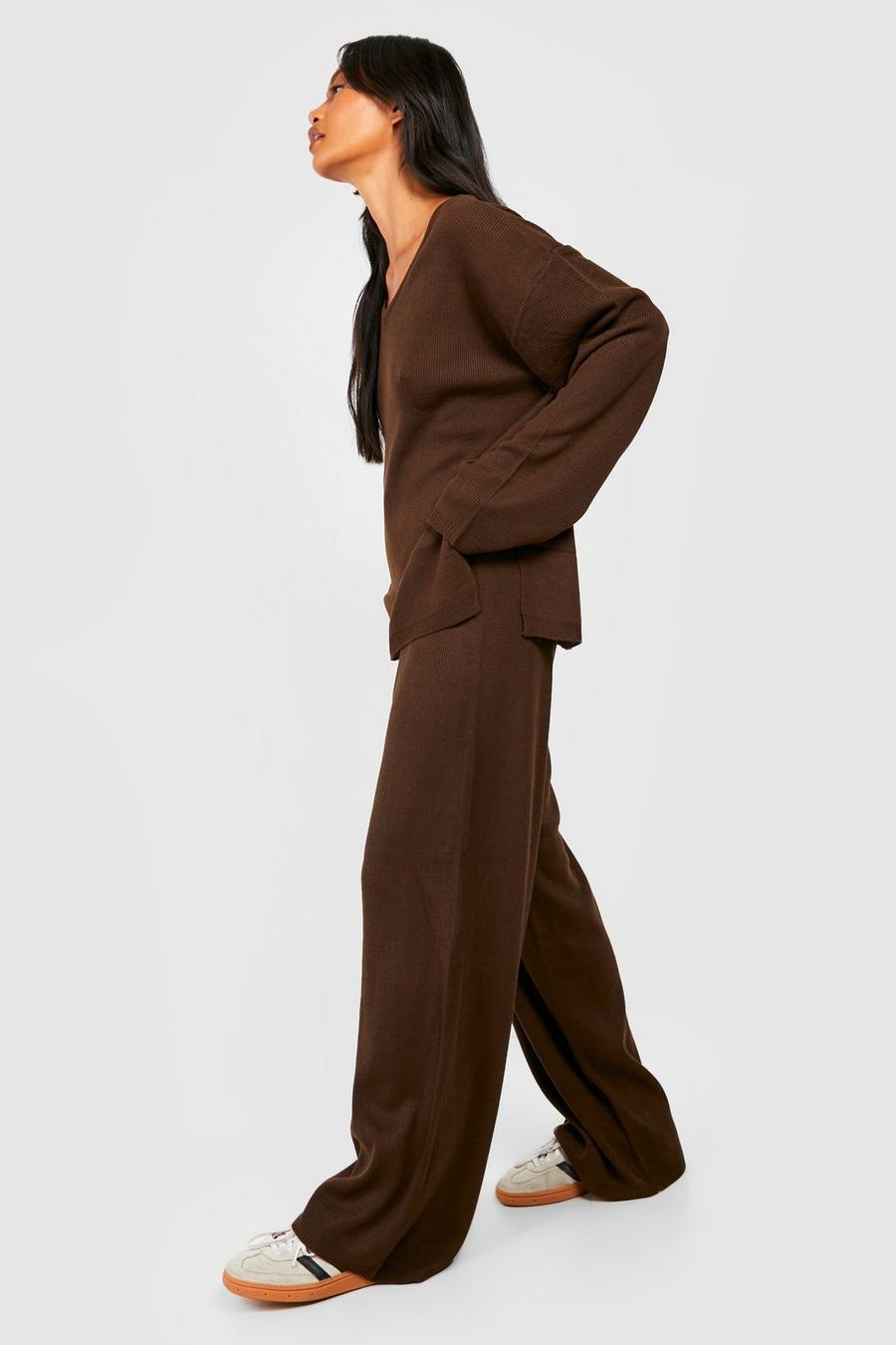 Chocolate V Neck Wide Leg Knitted Co-ord image number 1