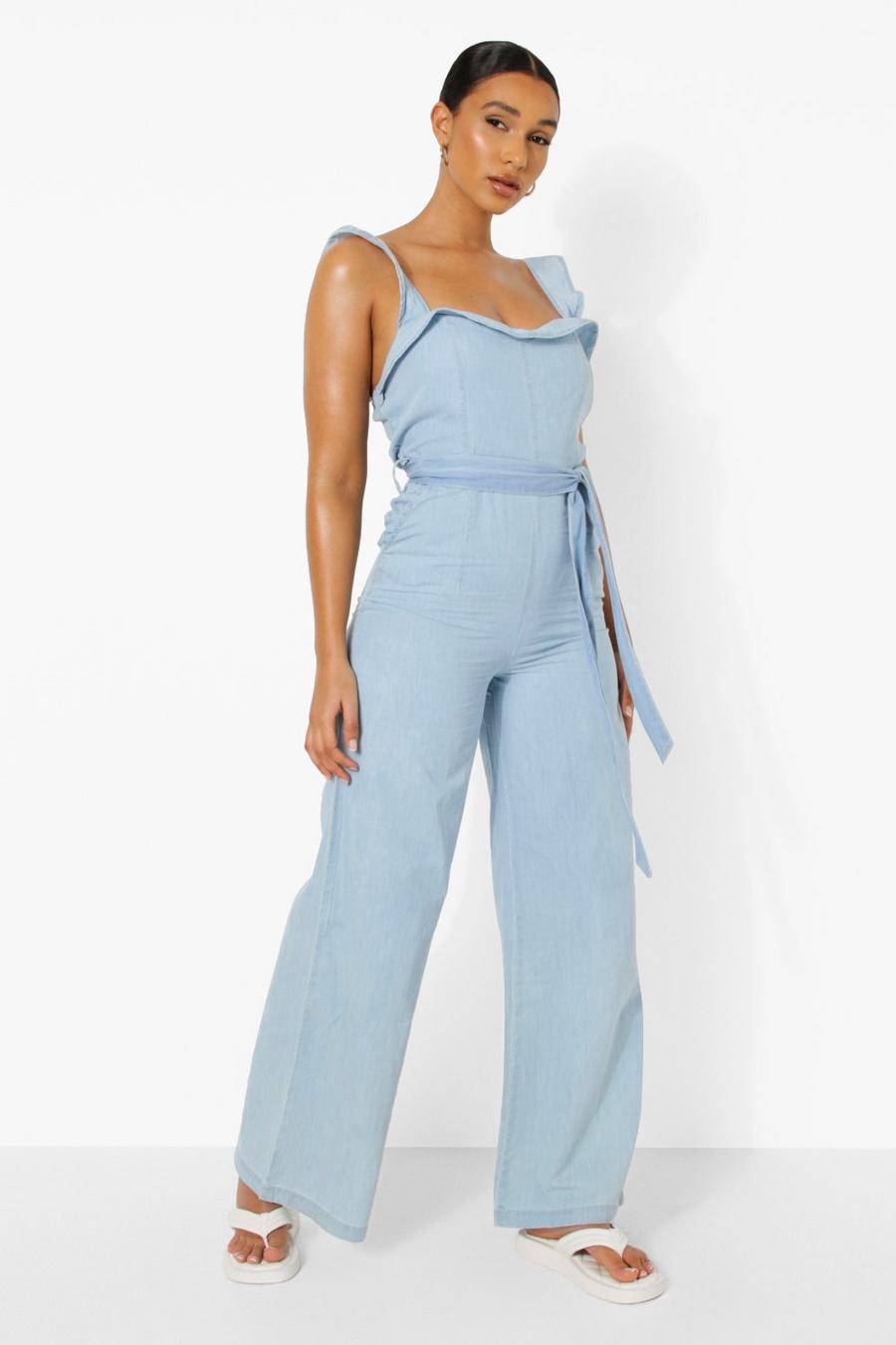 Mid blue Tie Waist Chambray Wide Leg Jumpsuit image number 1