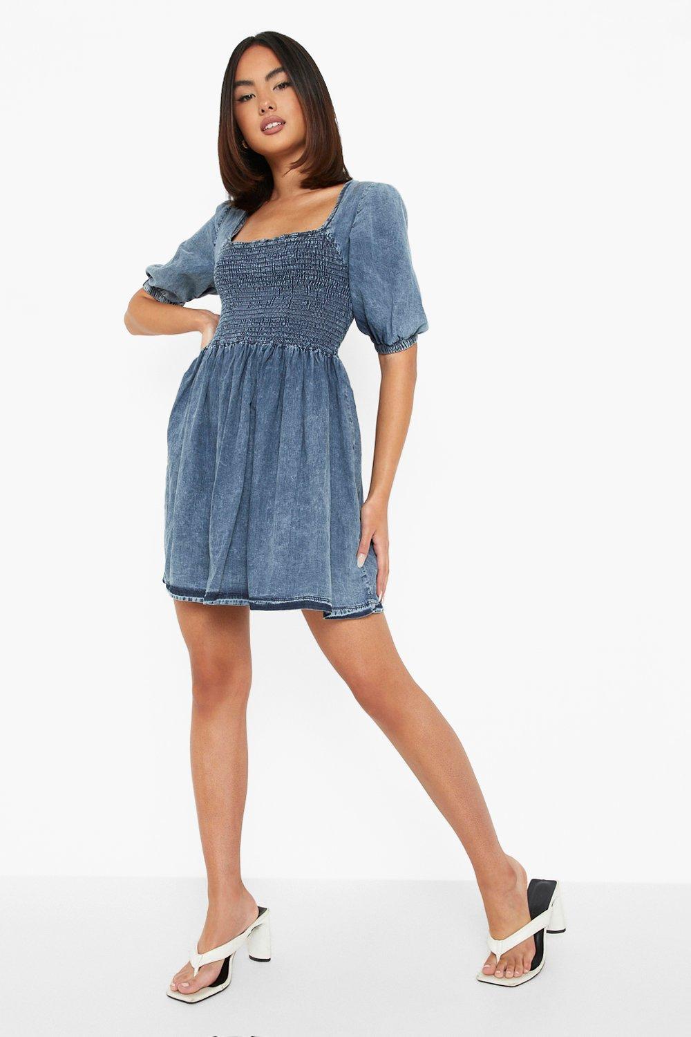 puff shoulder denim dress