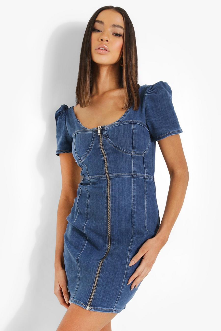 Off-Shoulder Jeanskleid mit Reißverschluss, Mid blue image number 1
