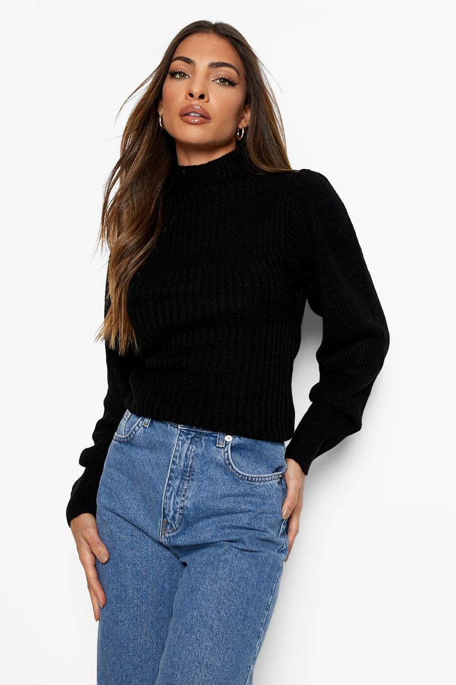 Black Contrast Stitch Balloon Sleeve Sweater image number 1