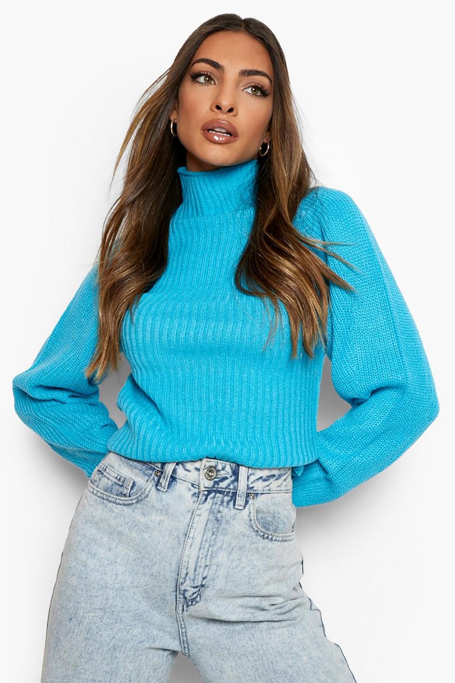 Turquoise blue Contrast Stitch Balloon Sleeve Sweater