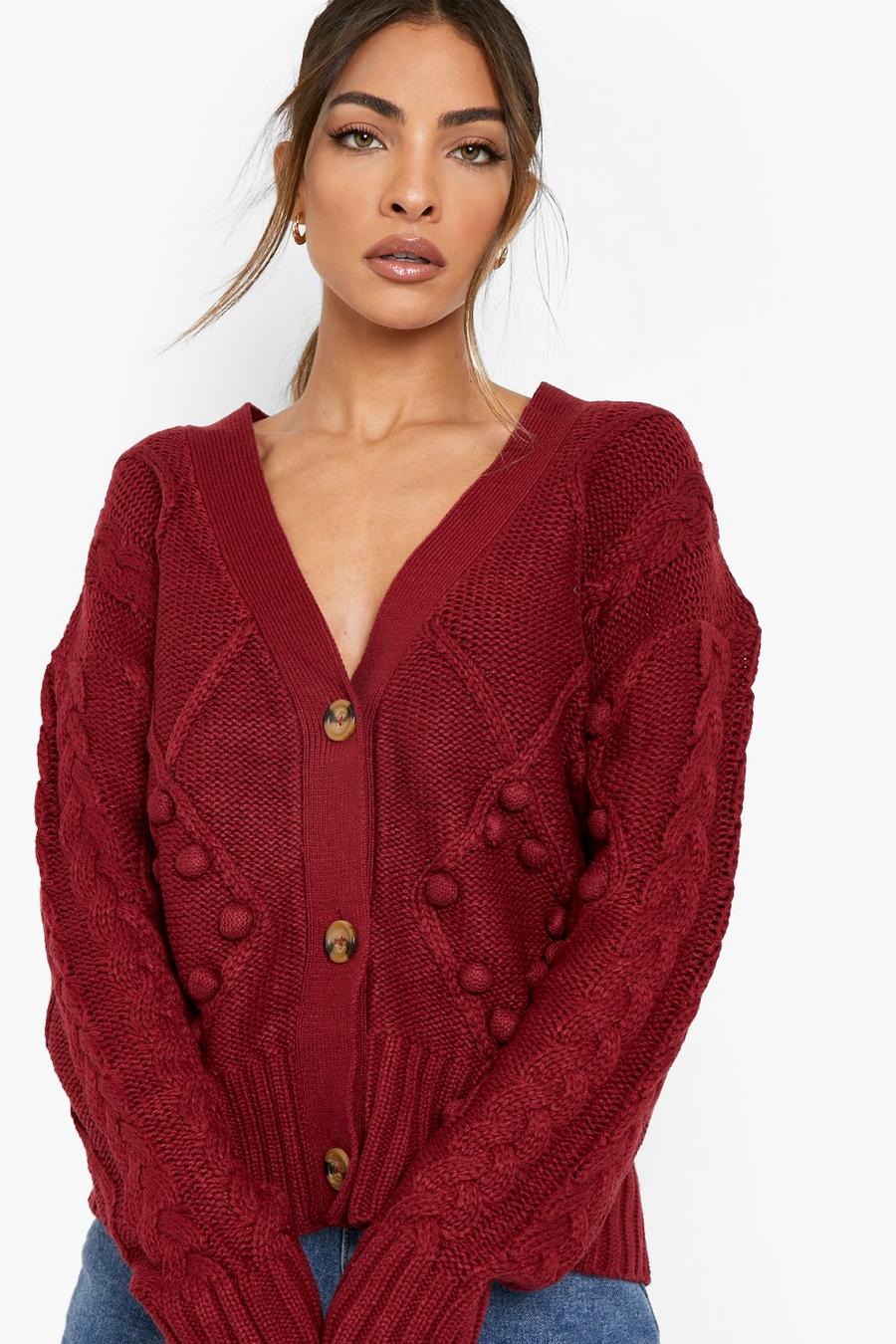 Dark red Bobble Cable Knit Cardigan
