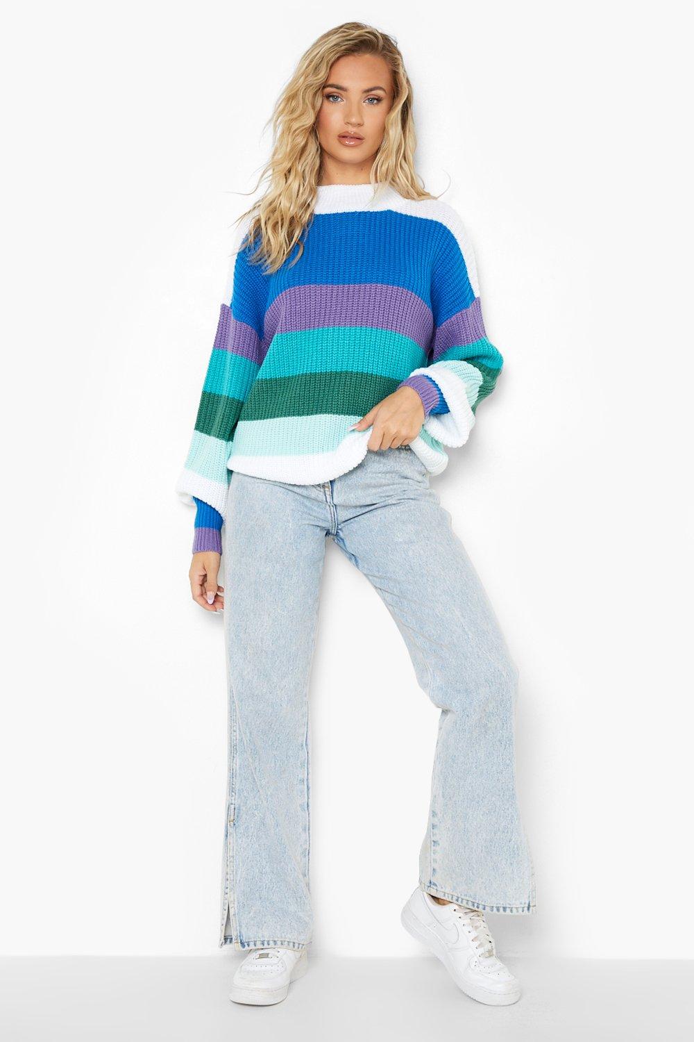 Blue jumper with rainbow cheap stripes