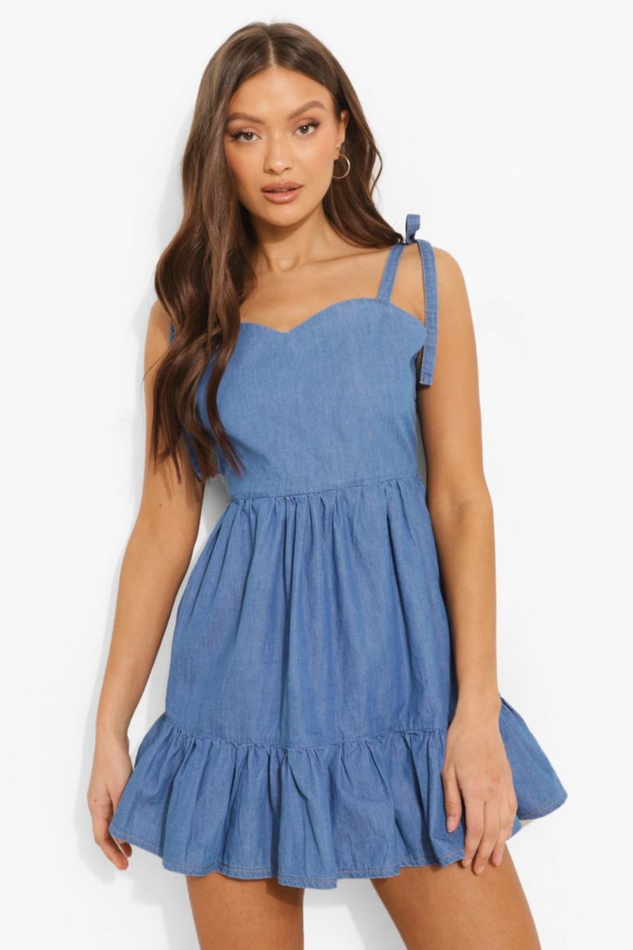 Mid blue Backless Tie Shoulder Chambray Mini Dress image number 1