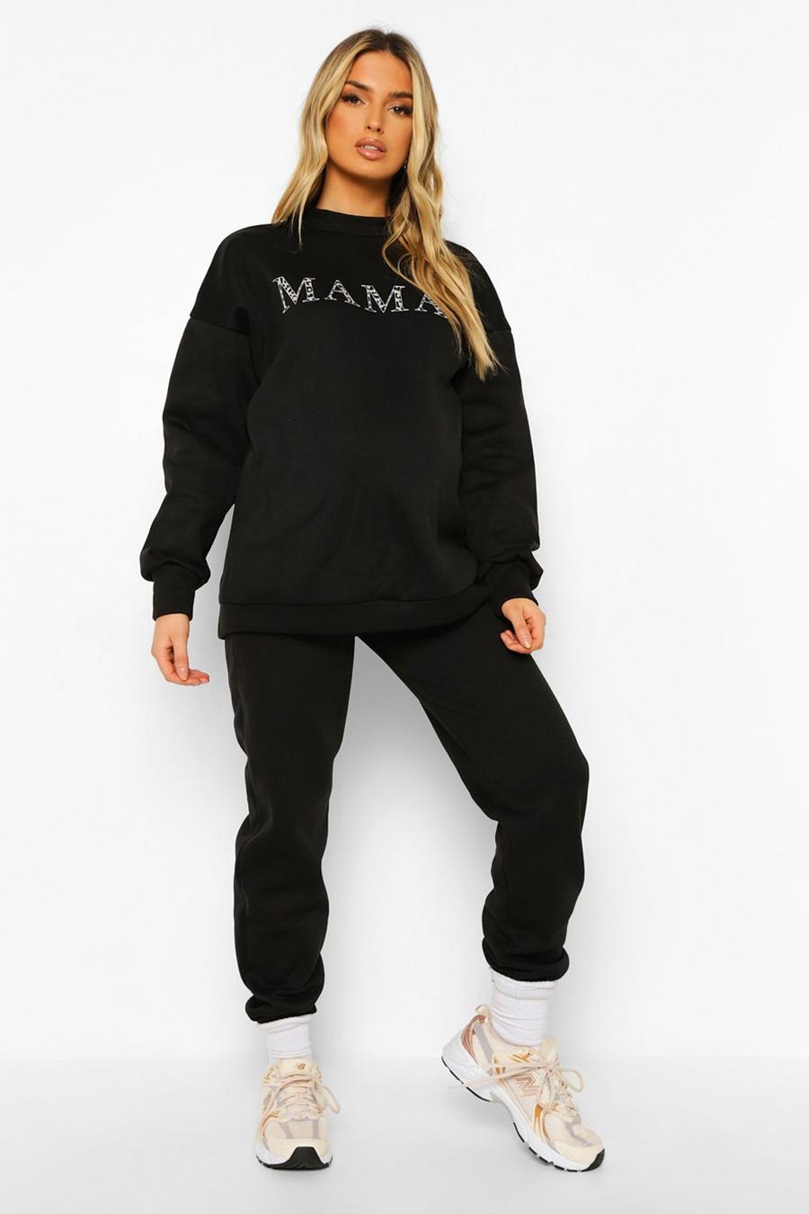 Umstandsmode Sweatshirt-Trainingsanzug mit Mama-Print und Leopardenmuster, Schwarz black
