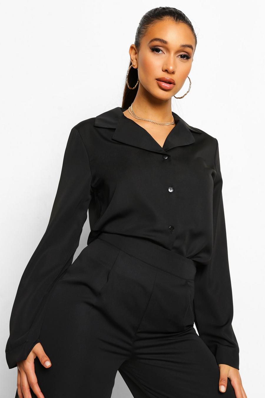 Black Relaxed Fit Matte Satin Shirt image number 1