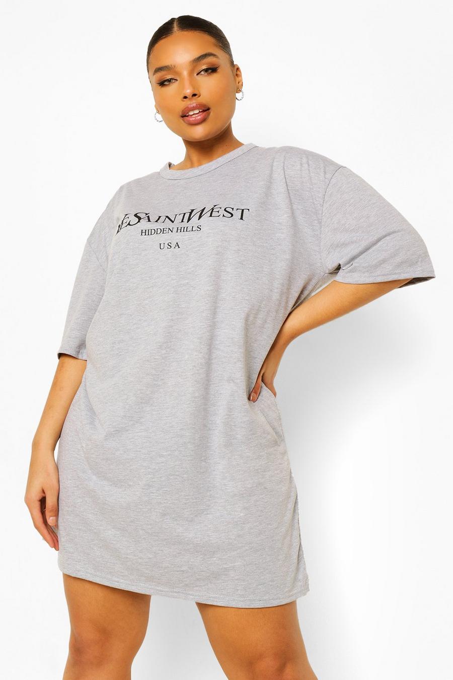 Plus T-Shirt-Kleid mit Ye Saint West Print, Grau