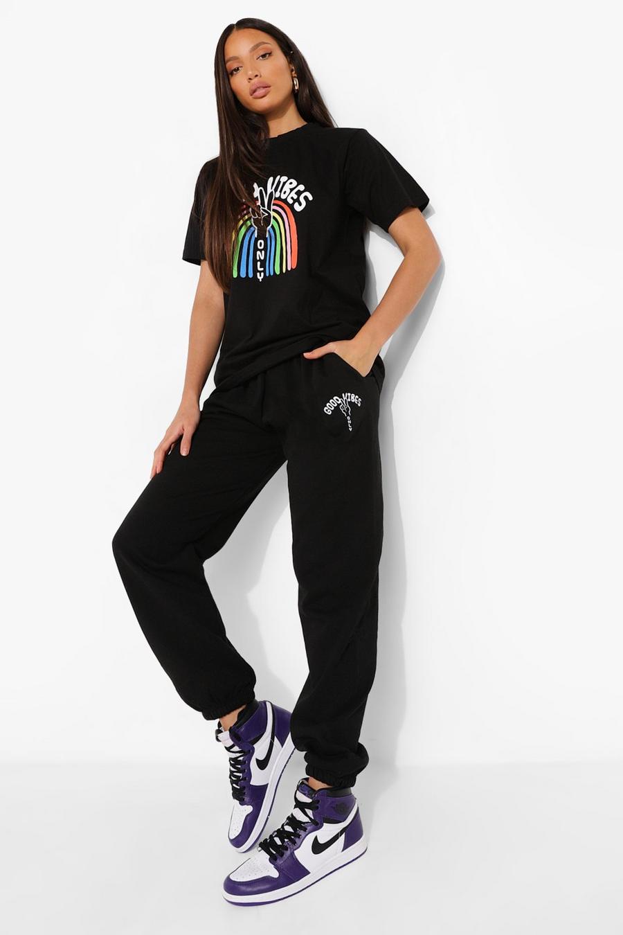 Black Tall Good Vibes Rainbow T-shirt Tracksuit image number 1