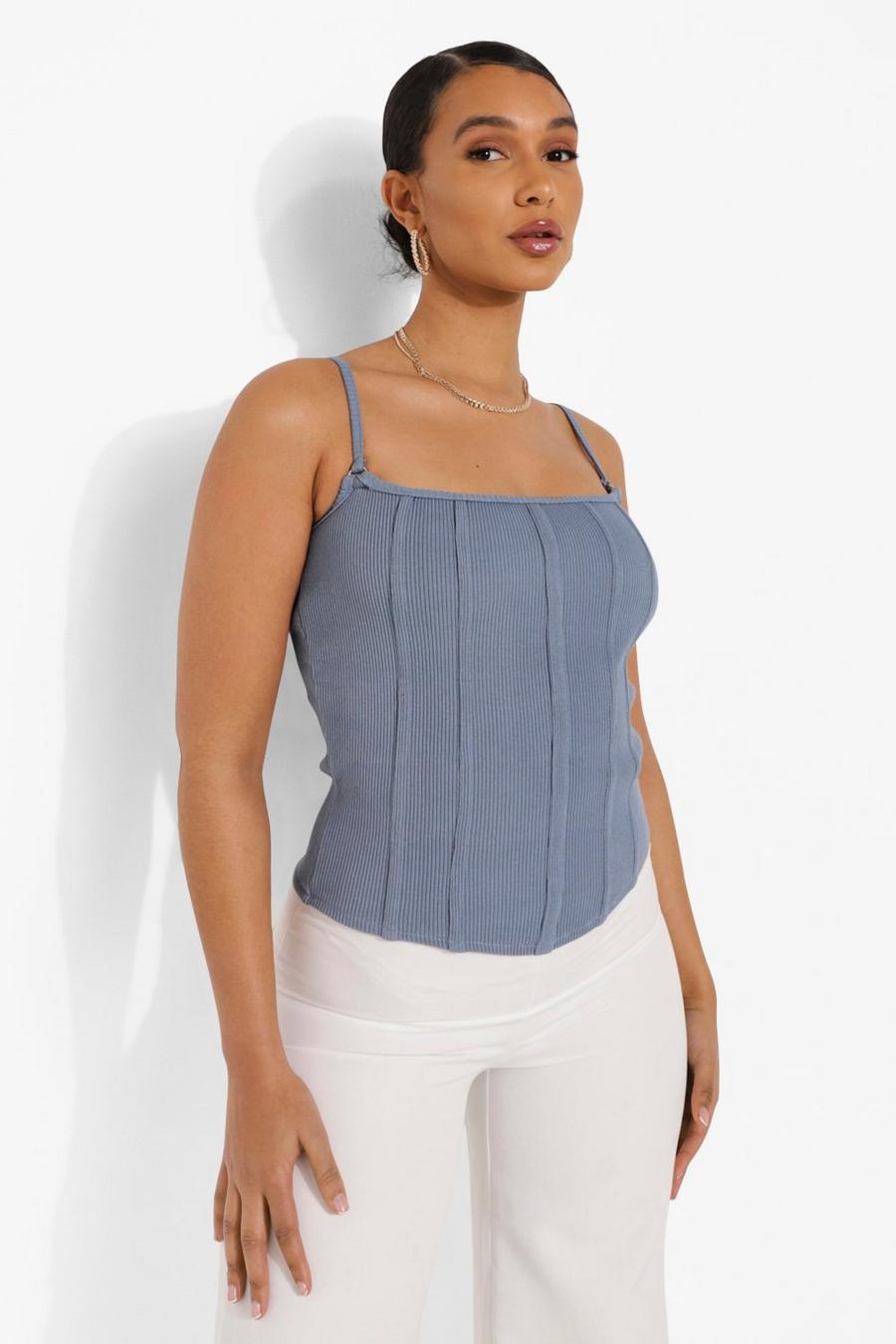 Dusty blue Ribbed Strappy Corset Top image number 1