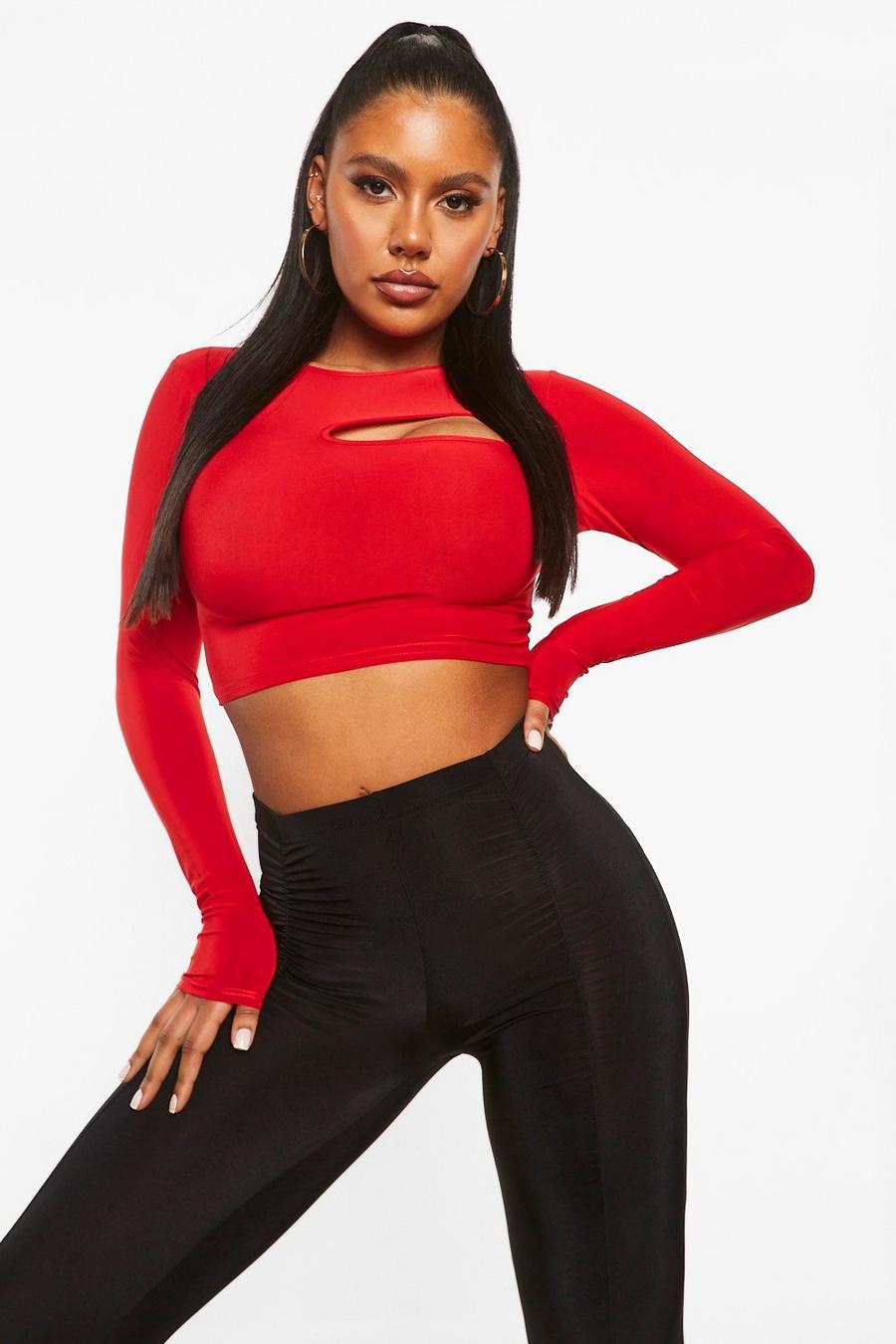 Red Slinky Cut Out Long Sleeve Crop Top image number 1