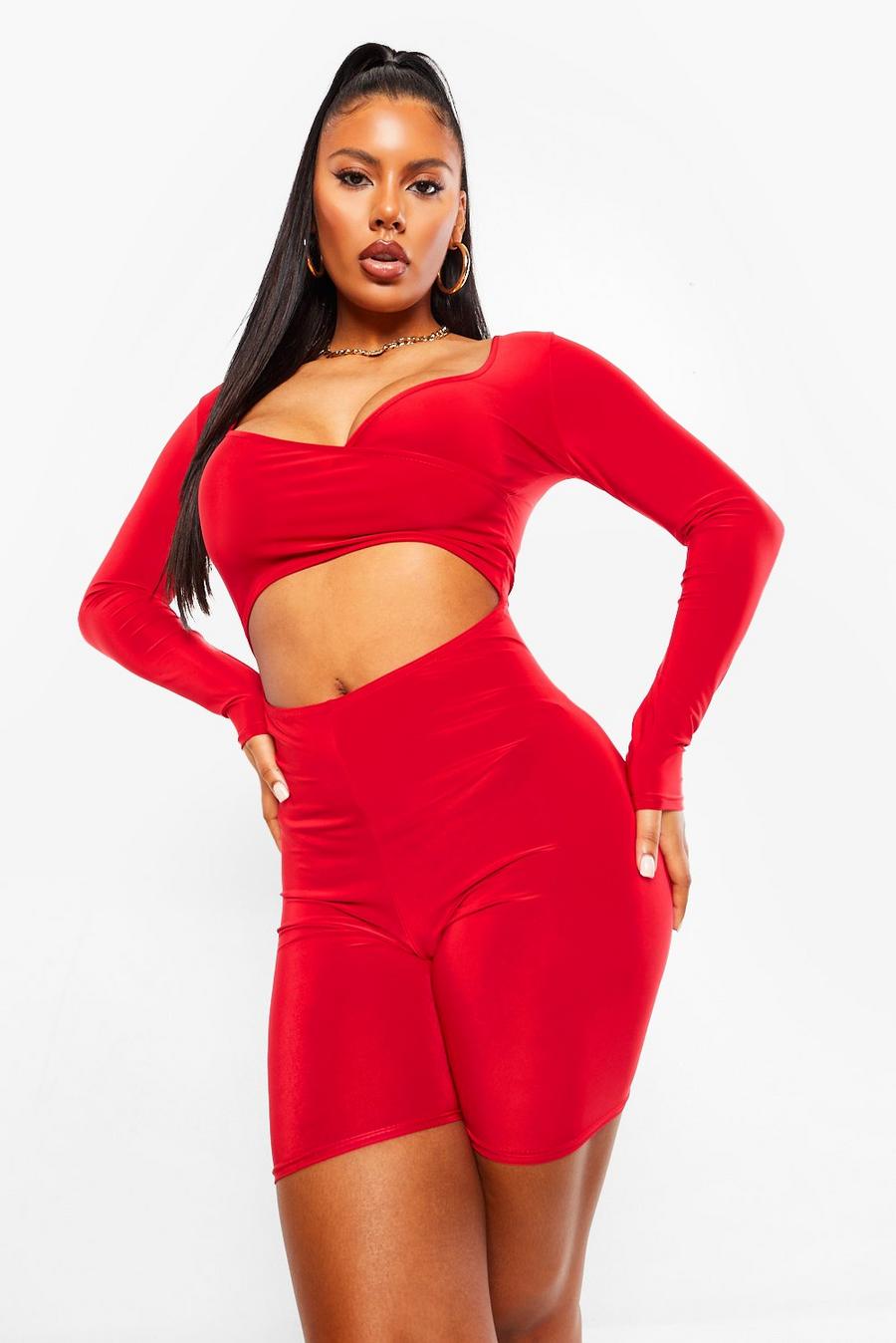 Red Rib Cut Out Unitard image number 1