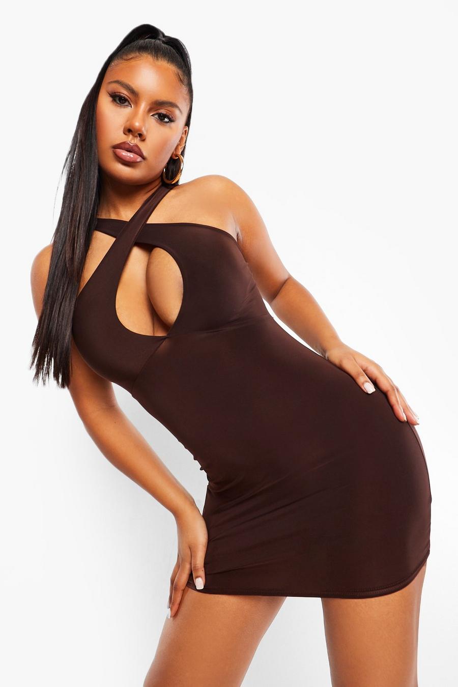 Chocolate Slinky Cross Front Cut out Bodycon image number 1
