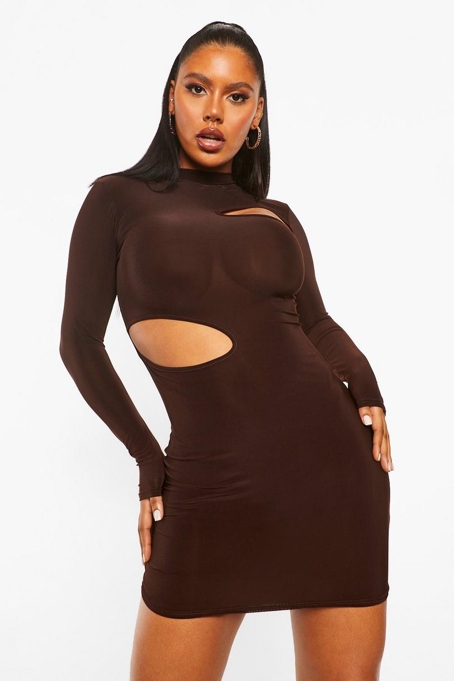 Chocolate Slinky High Neck Cut out Bodycon image number 1