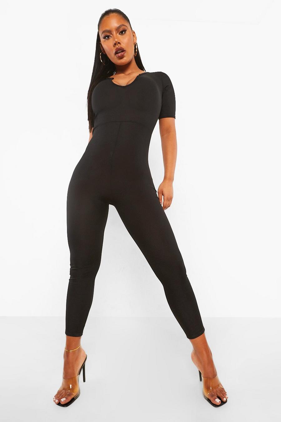 Black Rib Plunge Jumpsuit image number 1