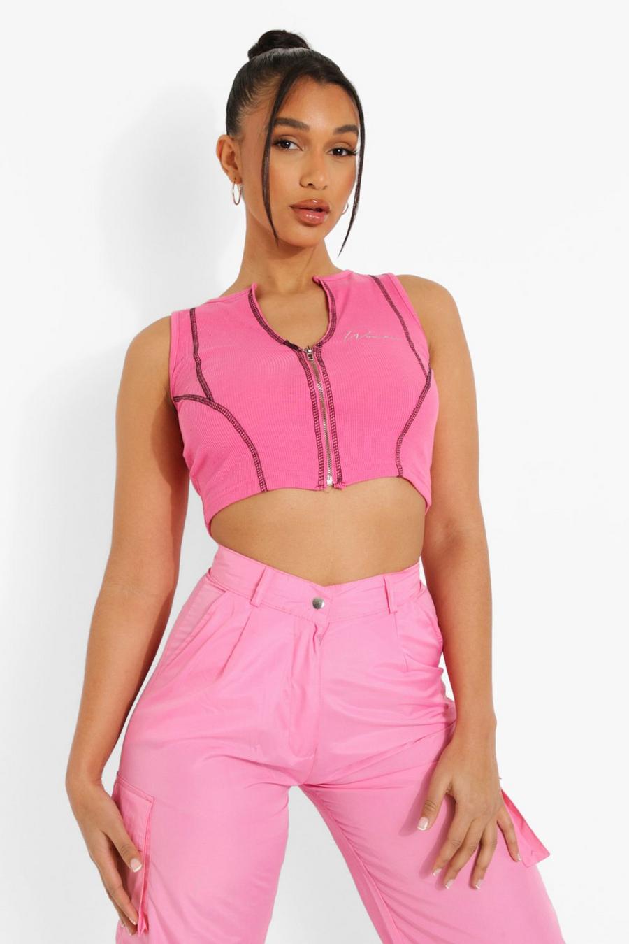 Bright pink Woman Embroidered Zip Up Crop Top image number 1