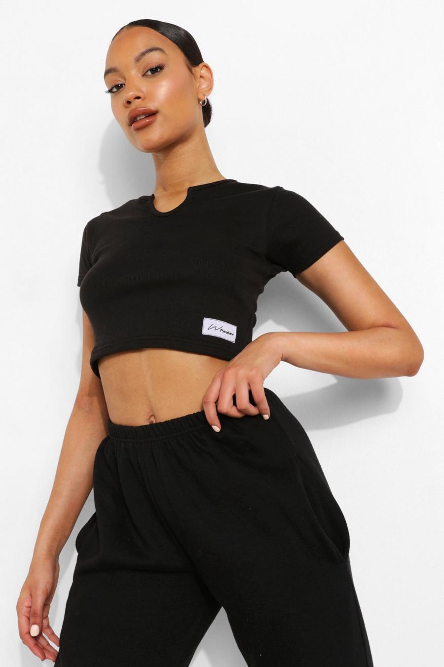Black Woman Thick Rib Notch Neck Crop Top image number 1