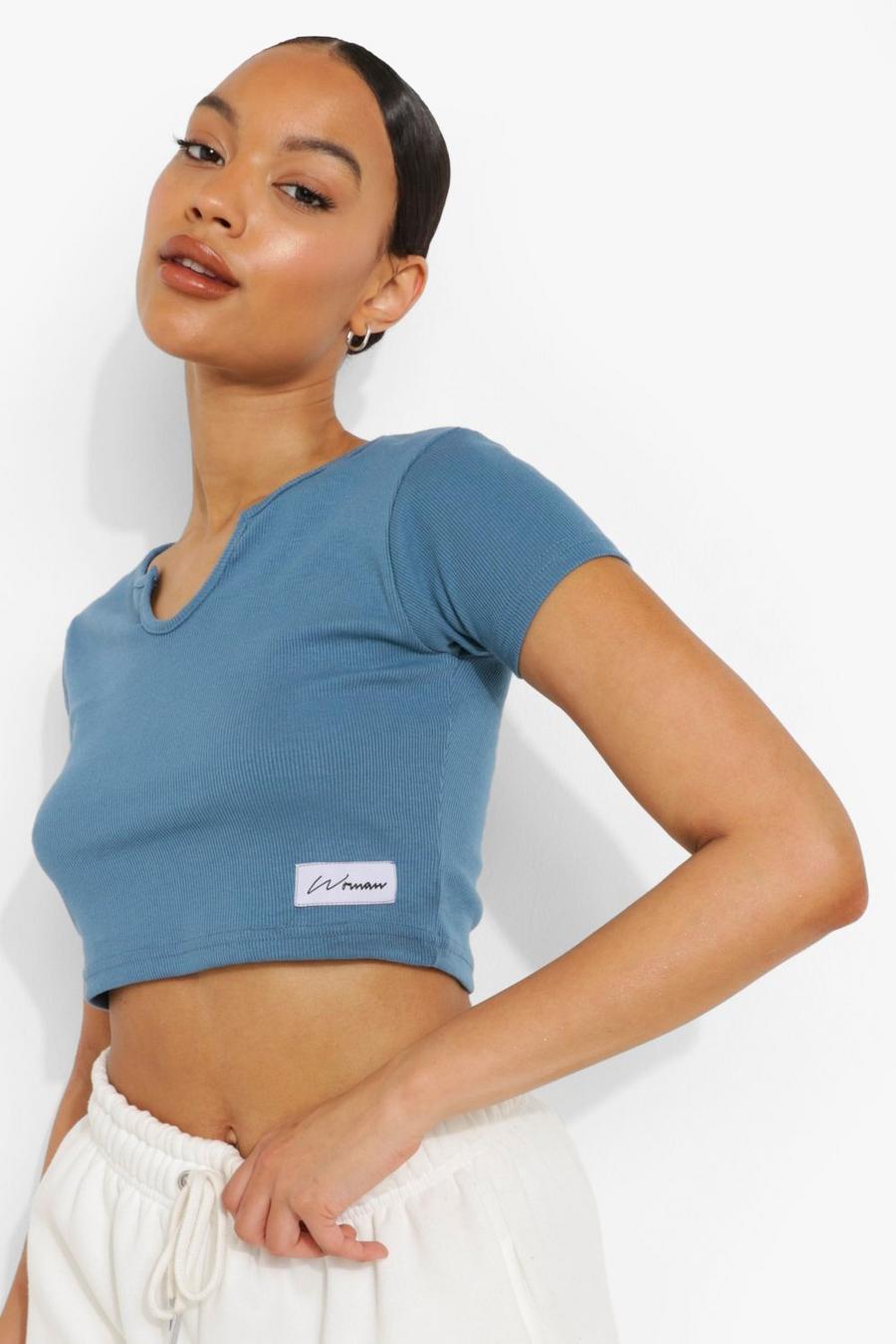 Blue Woman Thick Rib Notch Neck Crop Top image number 1