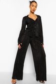 Black Plisse Relaxed Fit Wide Leg Trousers