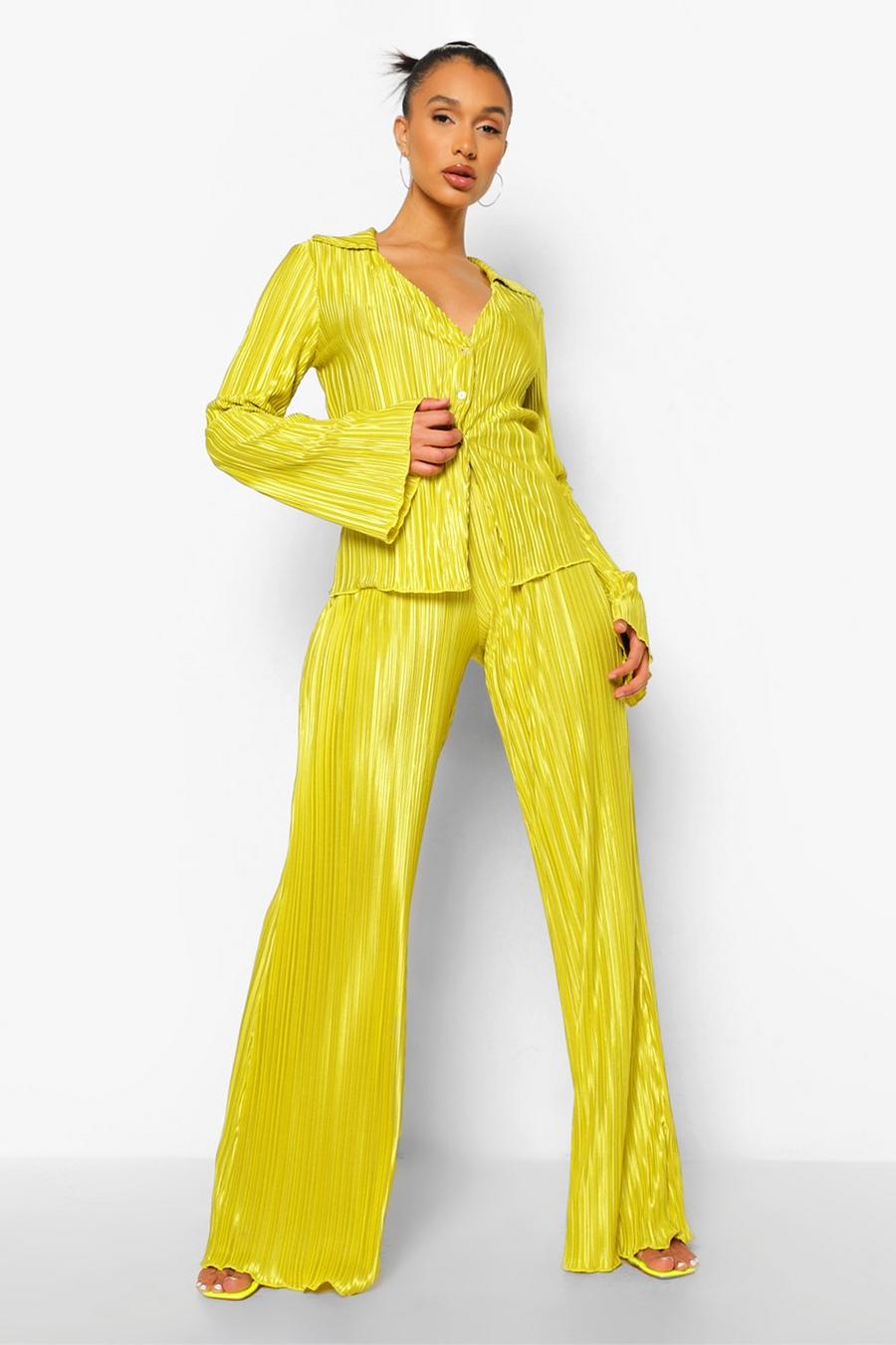 Chartreuse Plisse Relaxed Fit Wide Leg Trousers image number 1