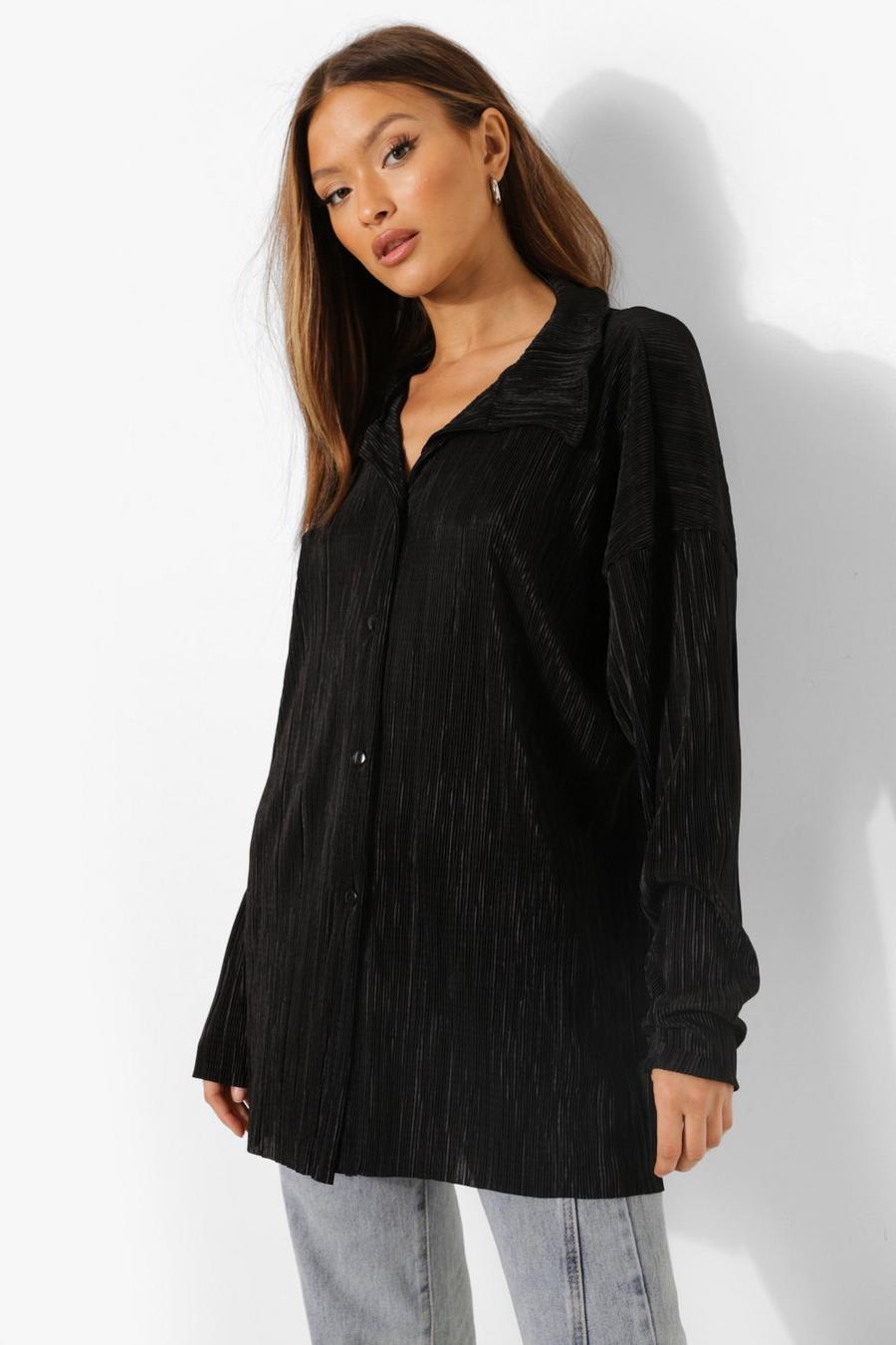 Black Plisse Oversized Relaxed Fit Shirt image number 1
