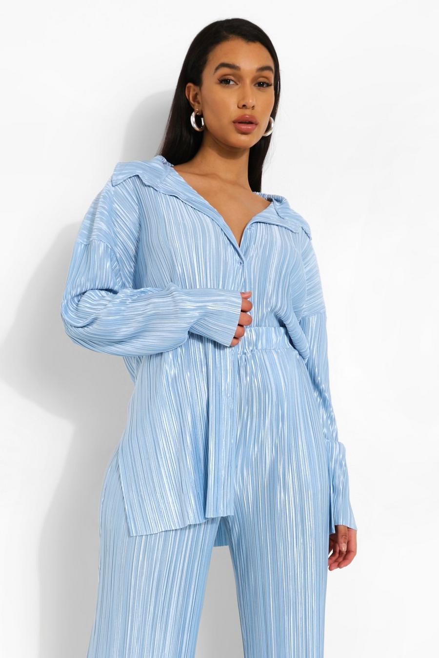 Powder blue Plisse Oversized Relaxed Fit Shirt image number 1