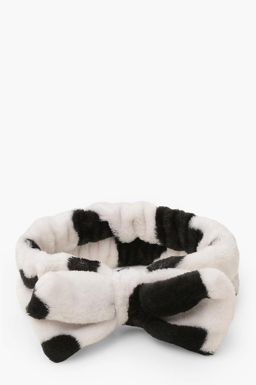White Cow Print Fluffy Bow Headband image number 1