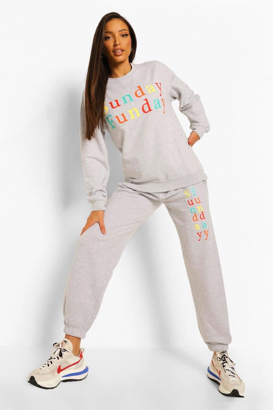 Tall Sweatshirt-Trainingsanzug mit „Sunday Funday“-Print, Grau meliert image number 1