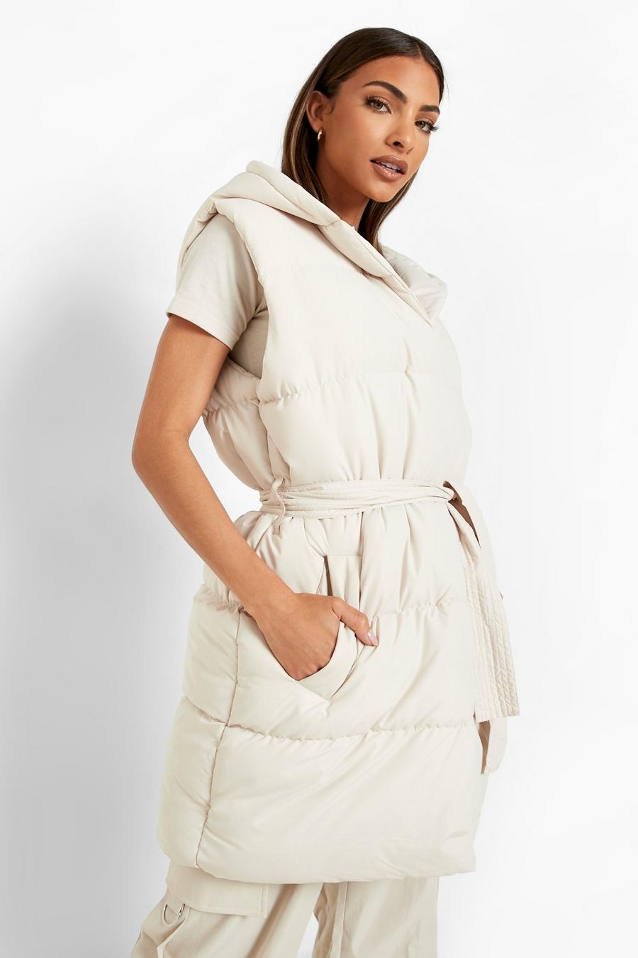 Cream white Belted Longline Puffer Vest image number 1