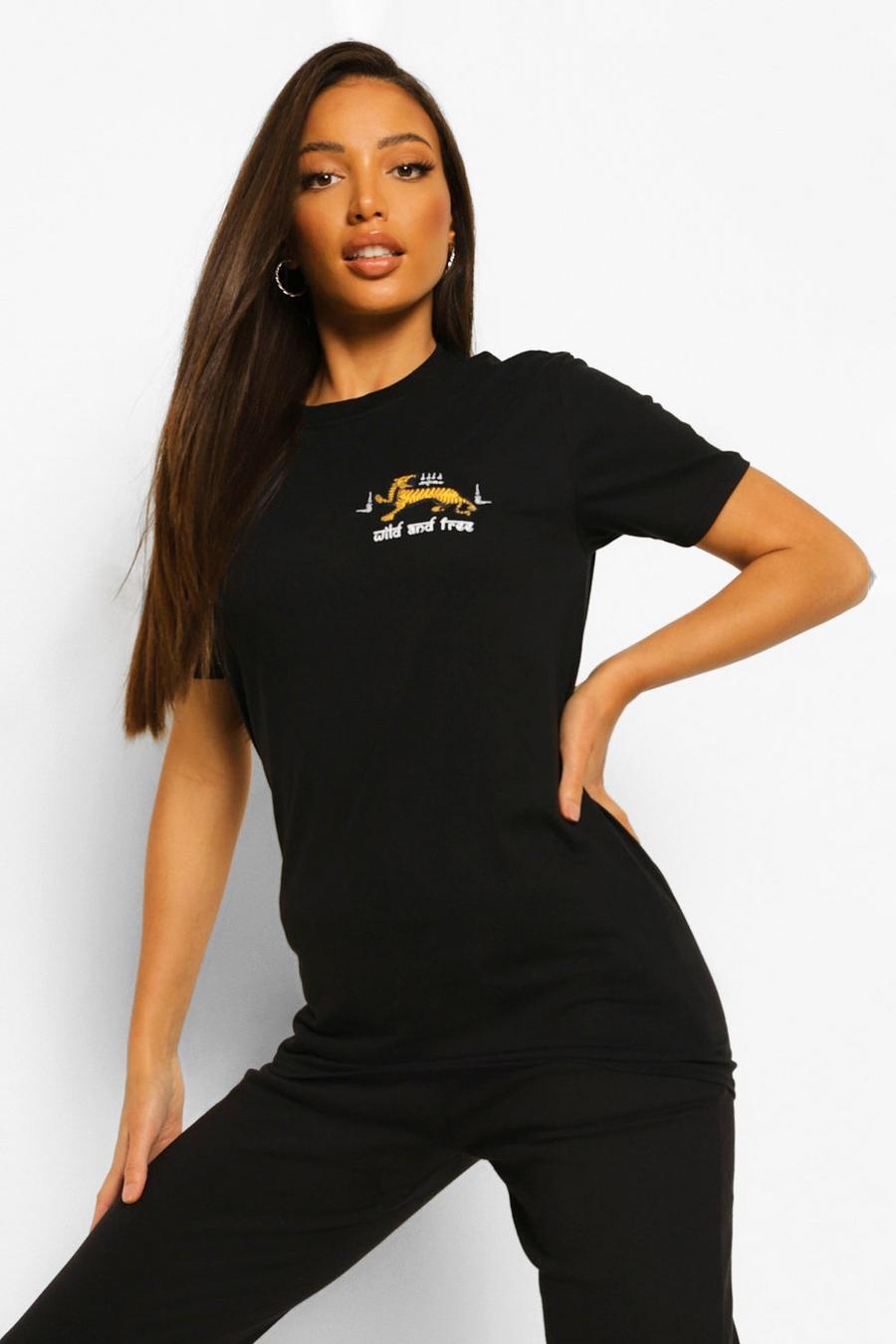 שחור חליפת טרנינג עם טישרט עם הדפס Tiger Soul בגב לנשים גבוהות image number 1