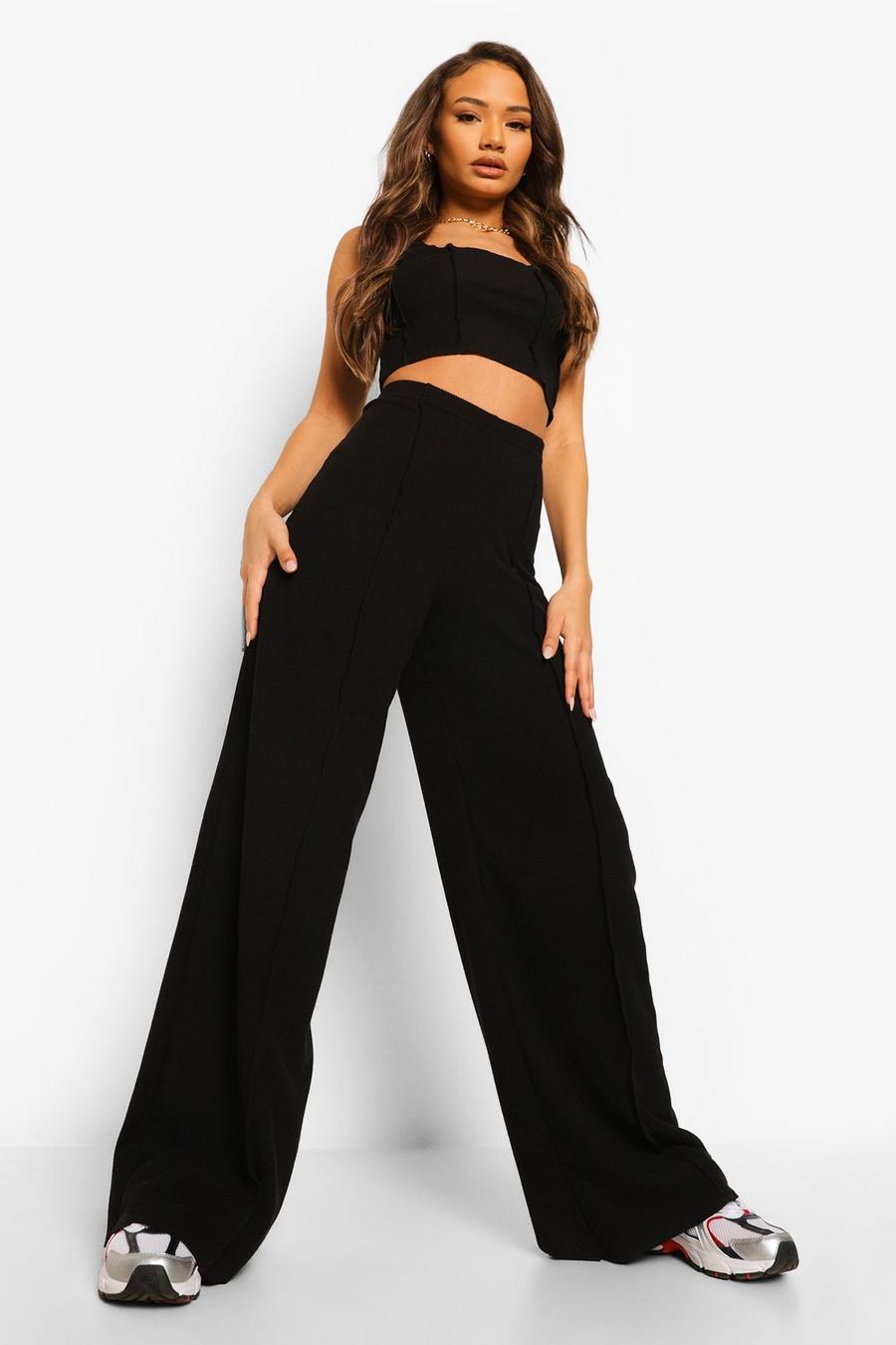 Black Crinkle Rib Exposed Seam Crop And Trousers image number 1