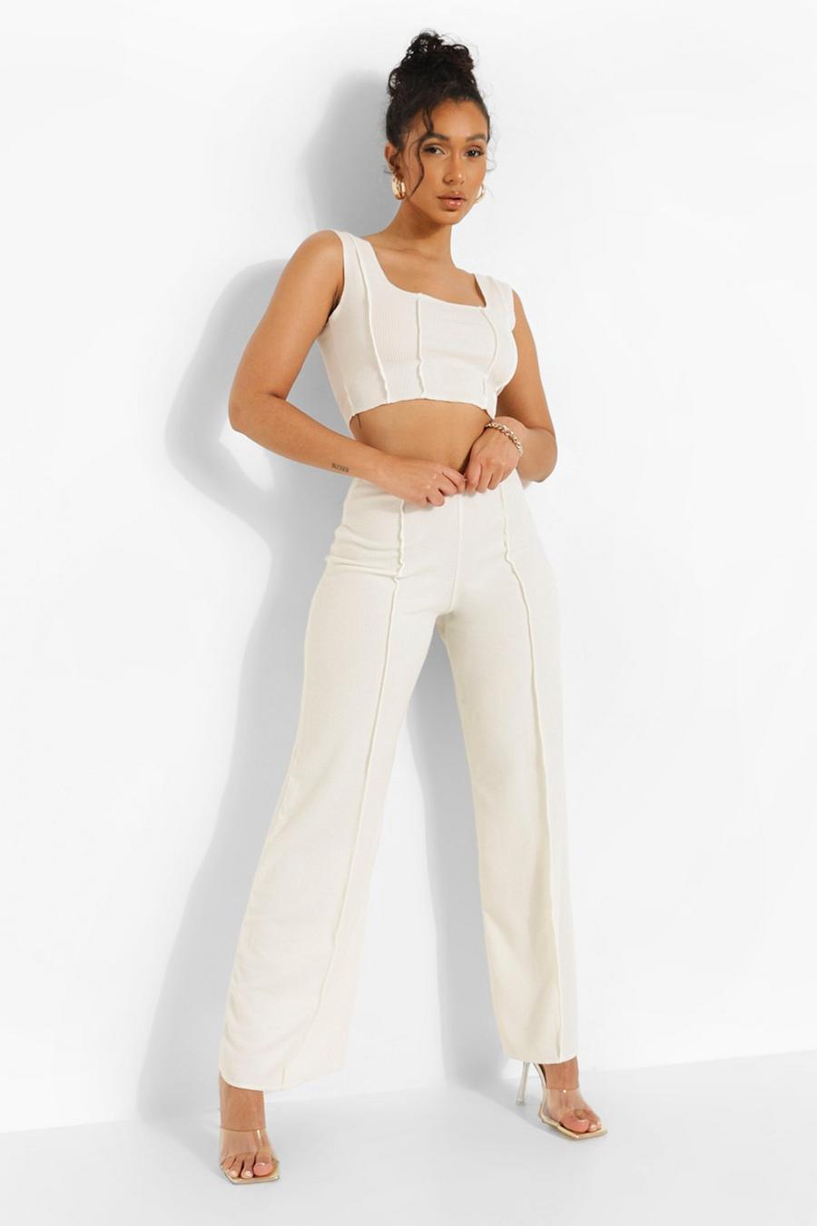 Ivory Crinkle Rib Exposed Seam Crop And Pants image number 1