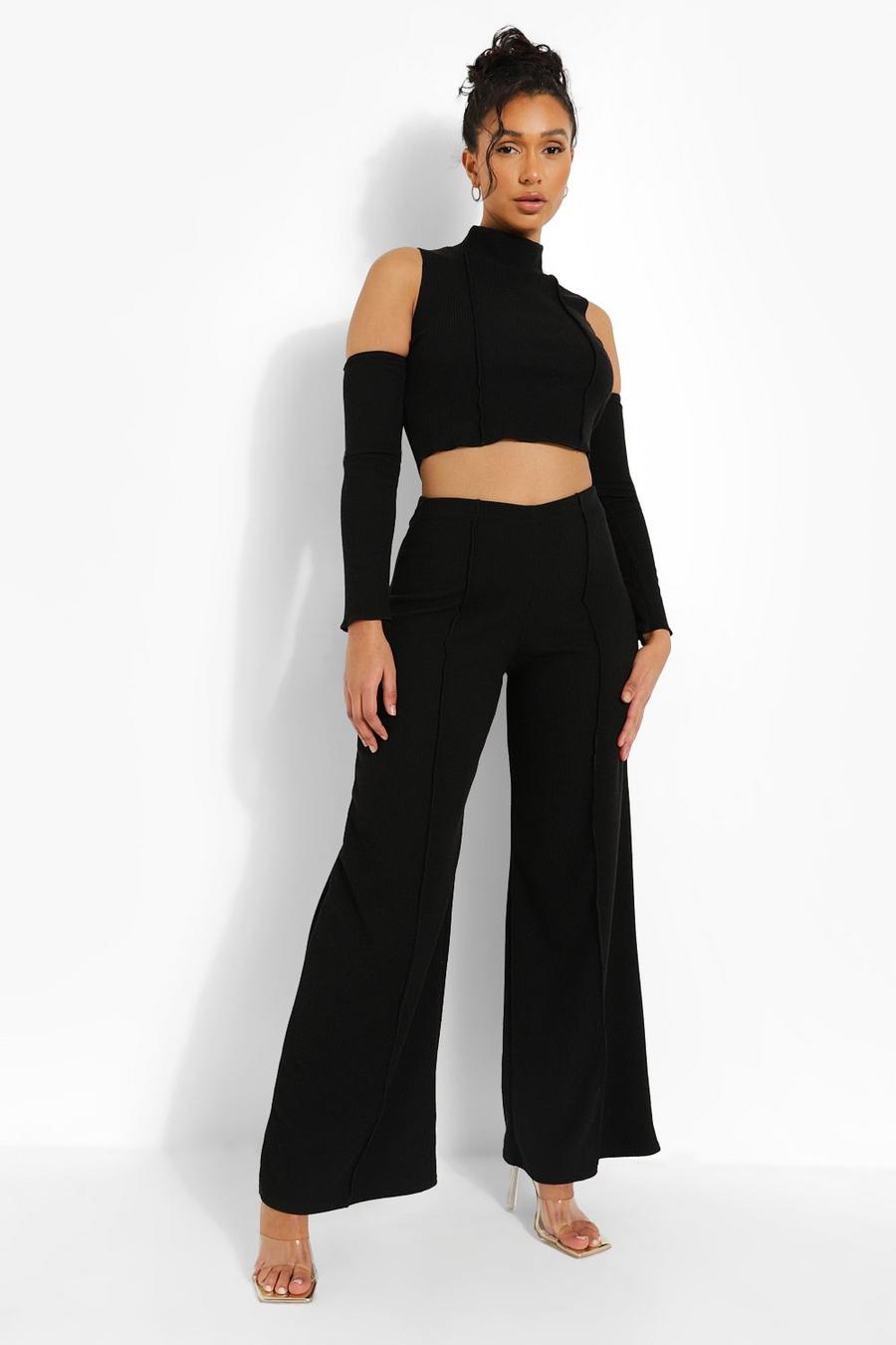 Black Crinkle Rib Exposed Seam Crop And Trousers image number 1