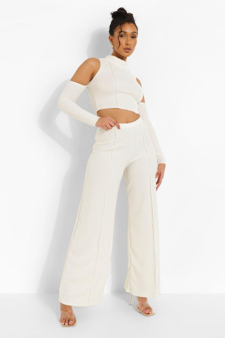 Ivory Crinkle Rib Exposed Seam Crop And Trousers image number 1