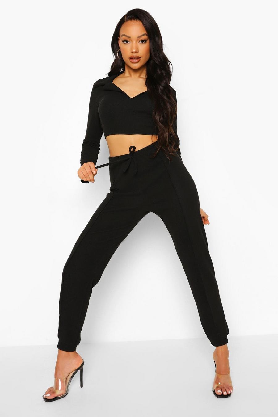 Black Crinkle Rib Exposed Seam Crop And Joggers image number 1