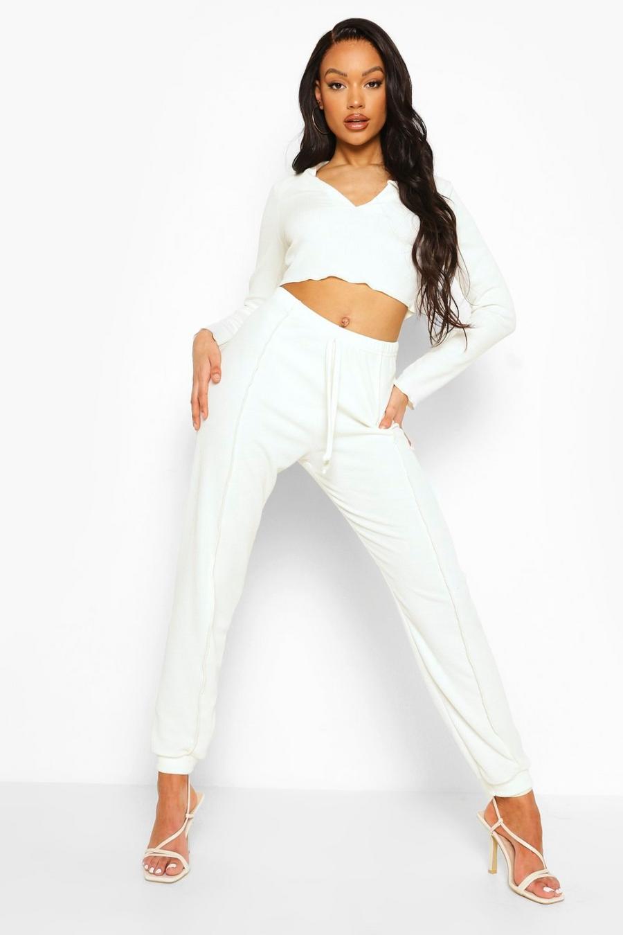 Ivory Crinkle Rib Exposed Seam Crop And Joggers image number 1