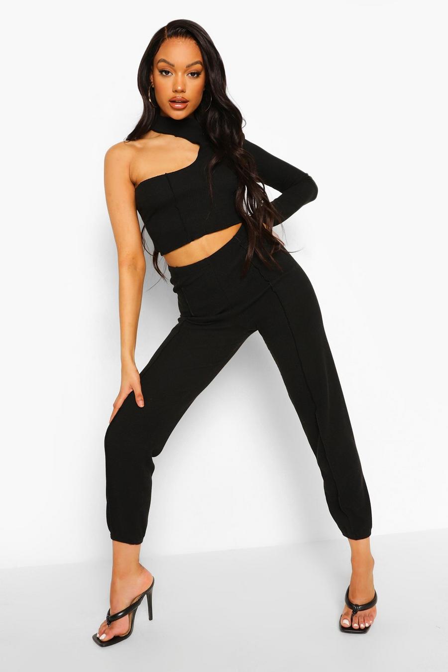 Black Crinkle Rib Exposed Seam Crop And Joggers image number 1