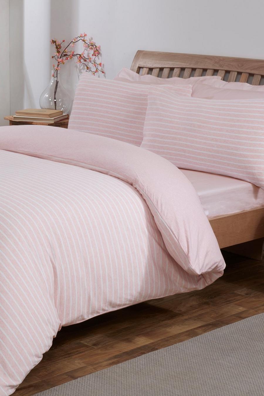 Pinkfarbenes gestreiftes Bettwäsche-Set aus Jersey-Melange, Einzelbett, Rosa image number 1